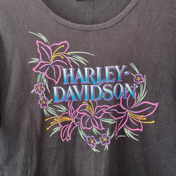 Harley Davidson Women's Floral Print Muncie IN Short Sleeve Top Size Medium - Picture 2 of 5